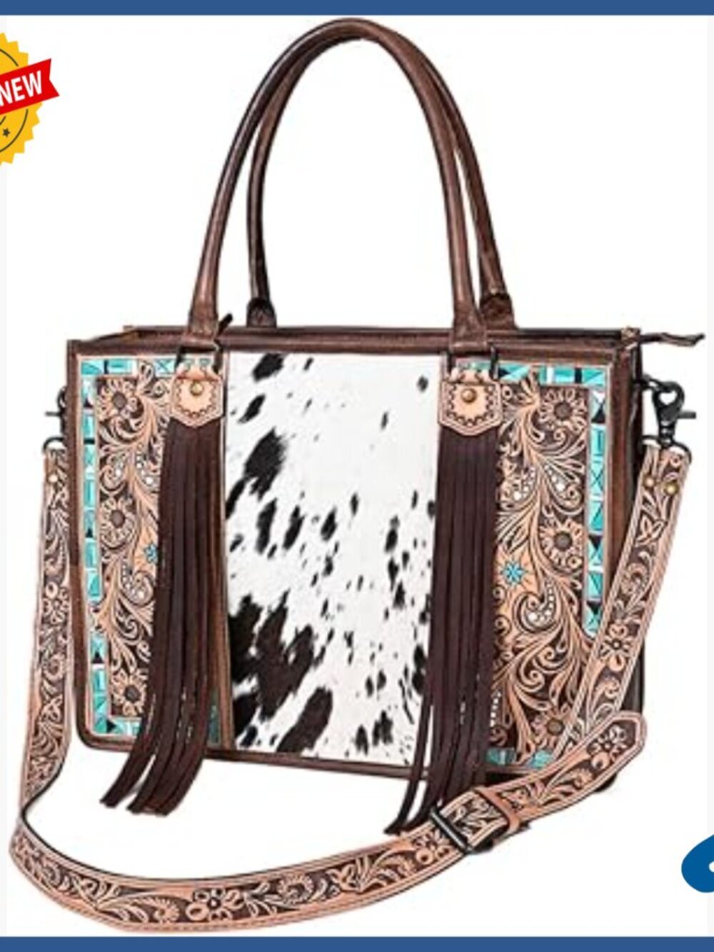 Western Leather Tote Bag with Hand Tooled Floral Carving and Fringes